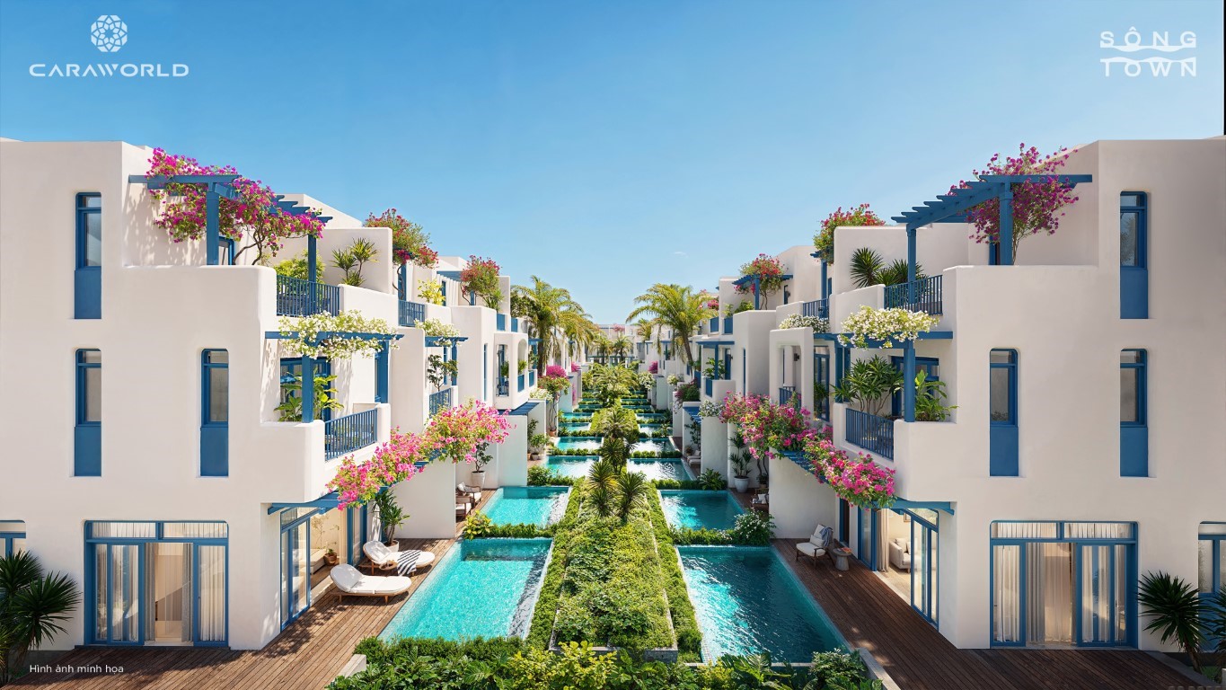 Kiến trúc Hy Lạp - Sông Town CaraWorld với tường trắng và mái xanh